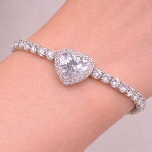 Swarovski Crystal Heart Bracelet Adjustable Tennis Sterling Overlay Slider